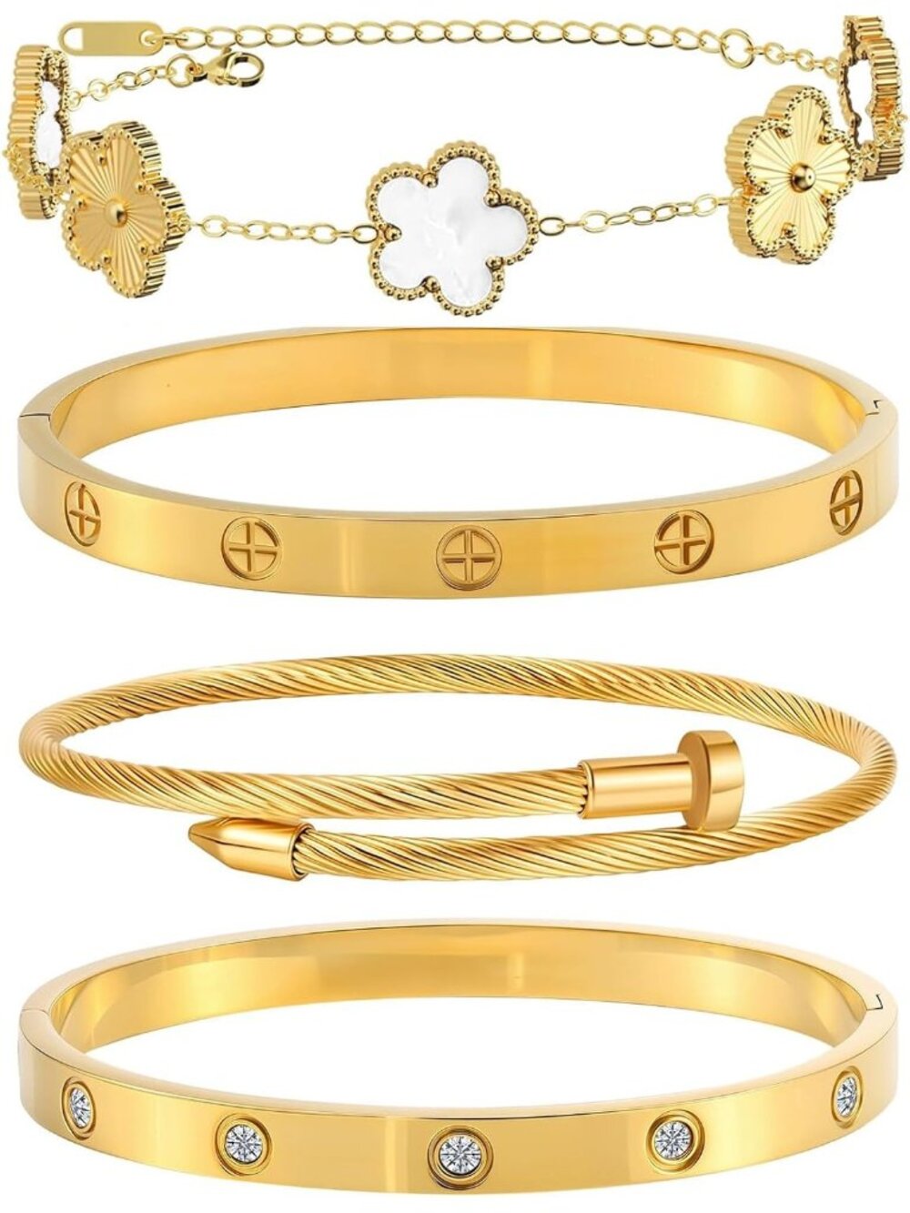 Women's White Set 4pc 18 Gold Floral Stackable Stainless Steel Bangle Bracelets